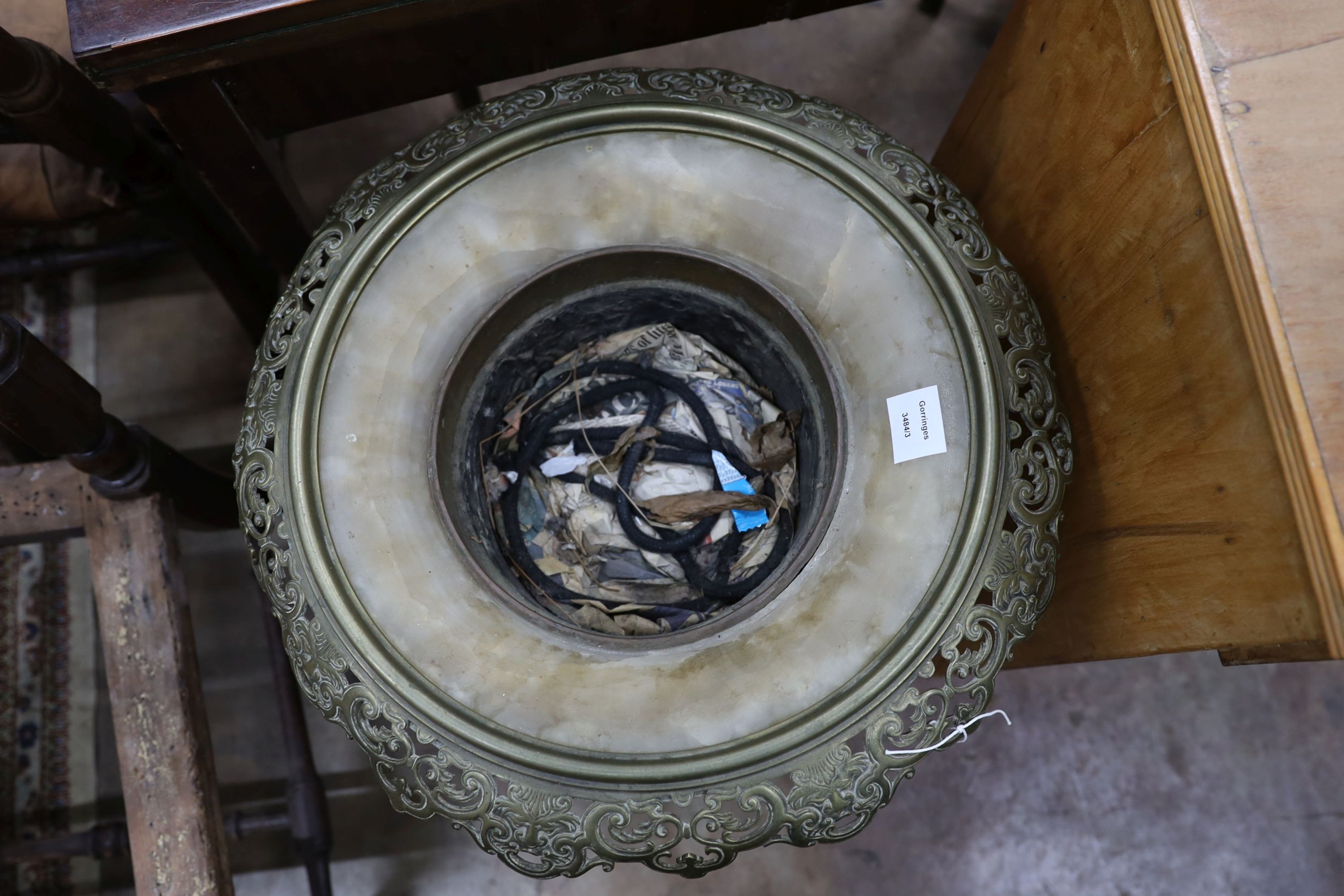 A Chinese cast brass and alabaster jardiniere, diameter 50cm, height 62cm